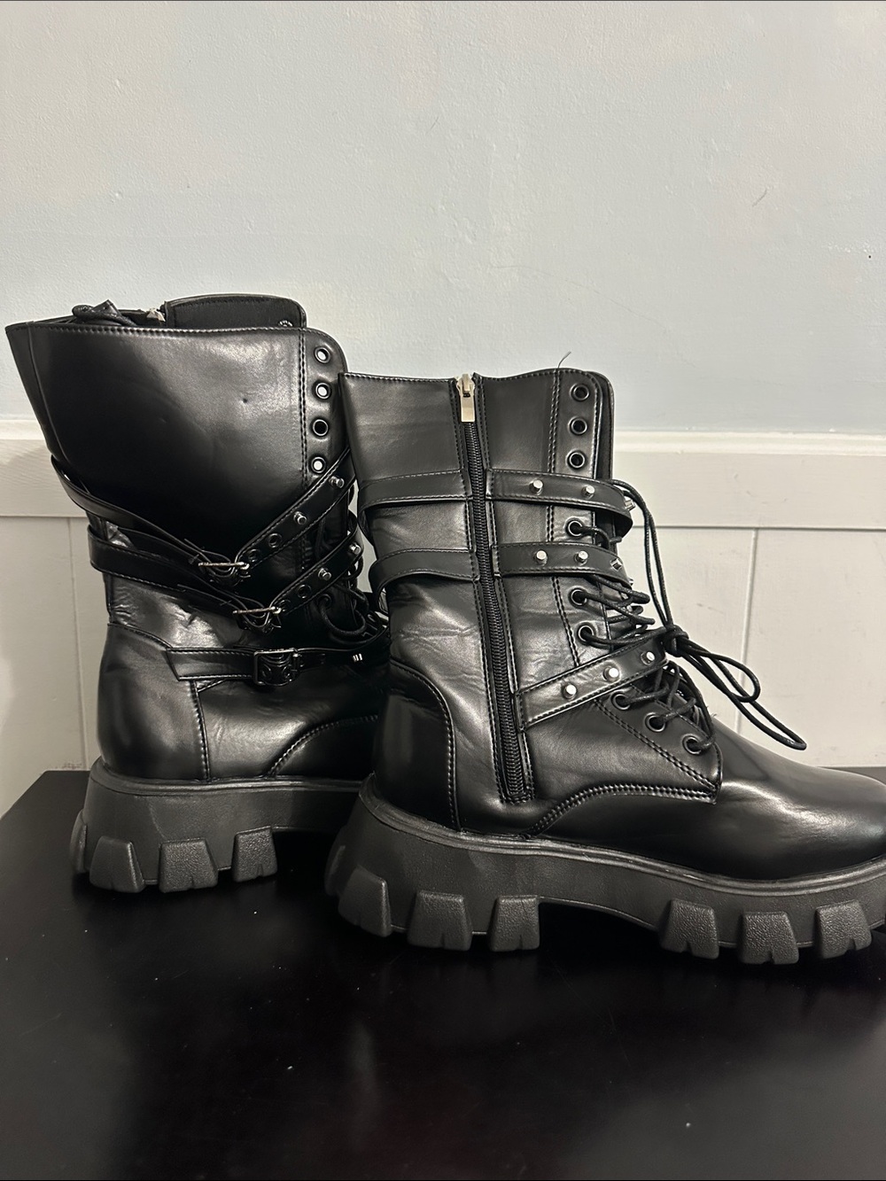 Chunky Black Combat Boots with Straps